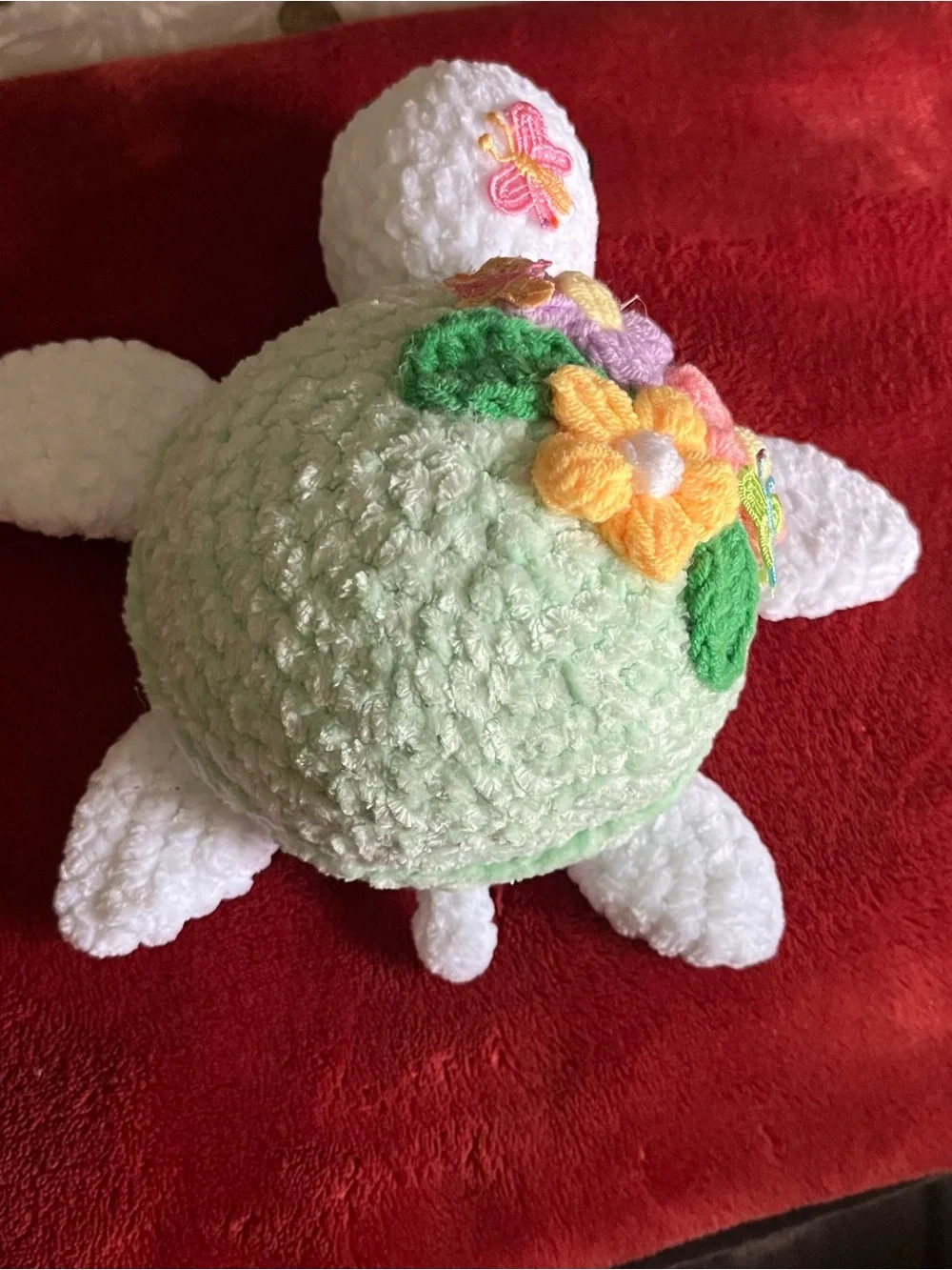 Handmade crochet Plush Turtle Green Shell and Floral Appliqués 9”x8” NWOT
